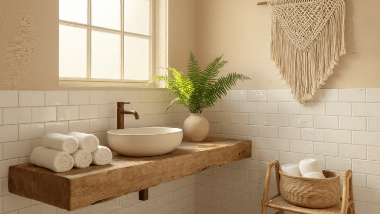 How to Create a Stunning Minimalist Boho Bathroom: Your Ultimate Design Guide A serene minimalist boho bathroom featuring warm golden hour light, creamy white subway tiles, a reclaimed wood vanity, a ceramic vessel sink, and natural textures. Accents include a statement fern in a handmade planter, rolled Turkish towels in a rattan basket, and a macramé wall hanging, all complemented by warm Edison bulb lighting and a round rattan mirror.