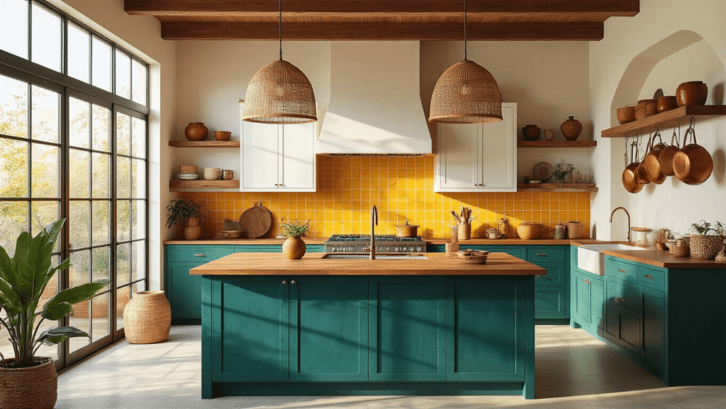 Modern bohemian kitchen with teal island and terracotta accents, featuring natural wood textures, geometric backsplash, hanging plants, and warm lighting during golden hour.