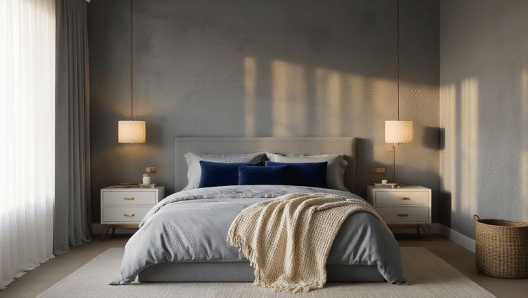 Creating the Perfect Grey Bedroom: A Comprehensive Design Guide Cinematic wide-angle shot of a sophisticated modern grey bedroom with layered textures, featuring a plush king-size bed, navy blue velvet pillows, and warm golden hour lighting through sheer curtains.