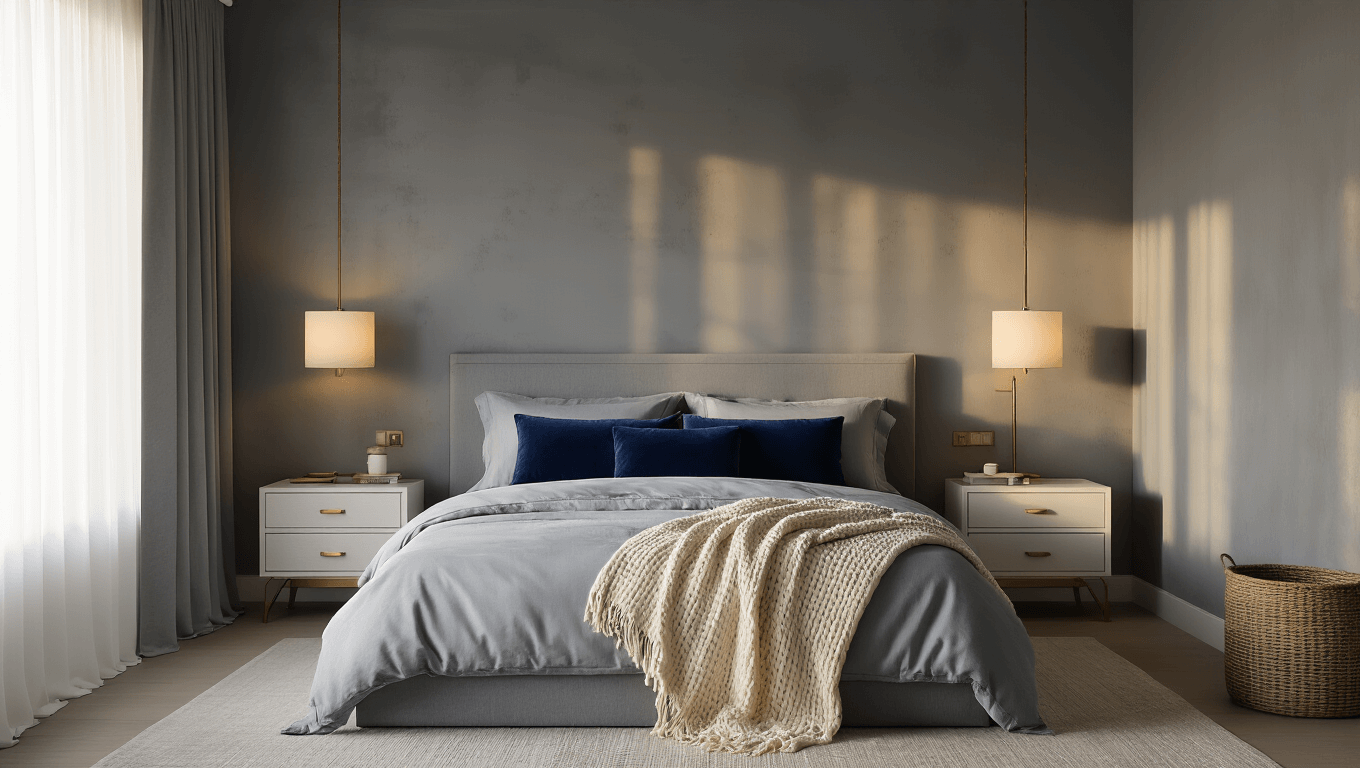 Cinematic wide-angle shot of a sophisticated modern grey bedroom with layered textures, featuring a plush king-size bed, navy blue velvet pillows, and warm golden hour lighting through sheer curtains.