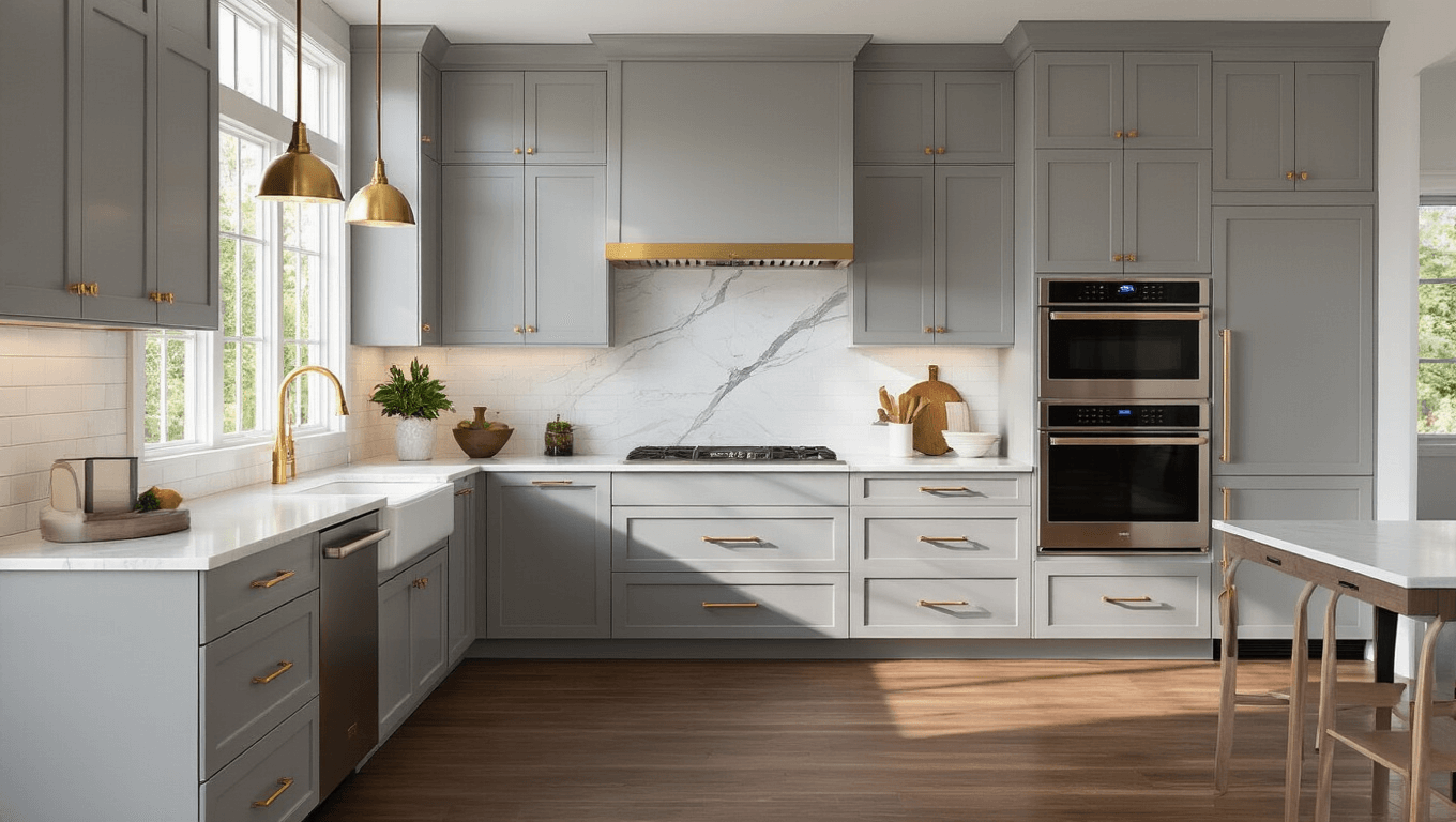 Sophisticated modern kitchen with light gray shaker cabinets, marble backsplash, brushed gold hardware, and natural walnut floors, illuminated by warm afternoon sunlight.