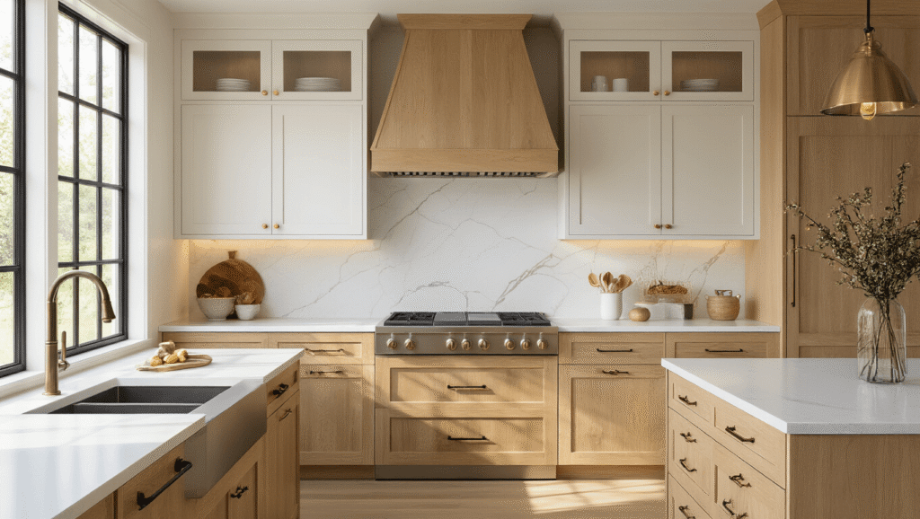 Light Wood Kitchen Cabinets: The Ultimate 2025 Design Trend Guide Cinematic wide-angle shot of a modern kitchen featuring light wood cabinets in white oak, creamy maple upper cabinets, and birch lower cabinets, with luxurious white quartz countertops, brass hardware, and under-cabinet LED lighting; warm golden hour light enhances wood textures and an inviting atmosphere.