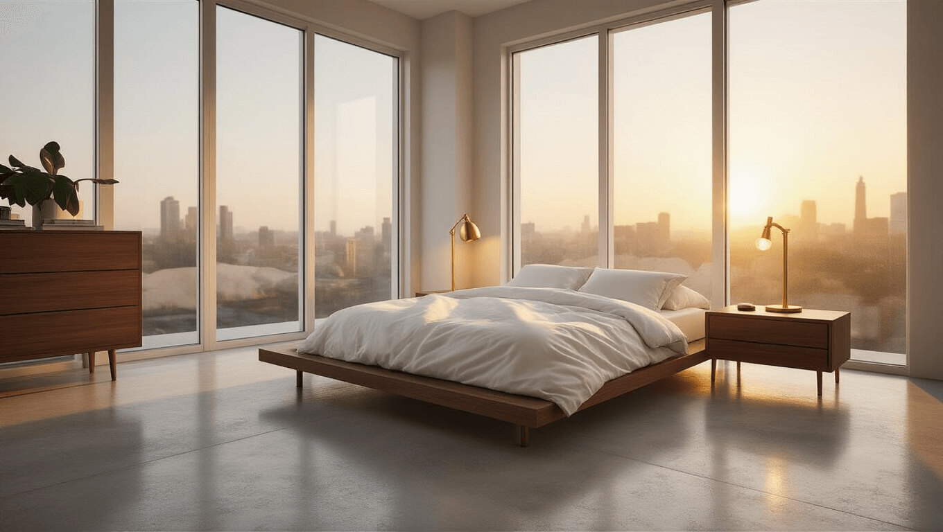 Cinematic wide-angle shot of a modern minimalist Bloxburg-style bedroom during golden hour, featuring a low platform bed with white linen, polished concrete floors, walnut nightstand, and brass lamp, all illuminated by warm honey-colored light from floor-to-ceiling windows.