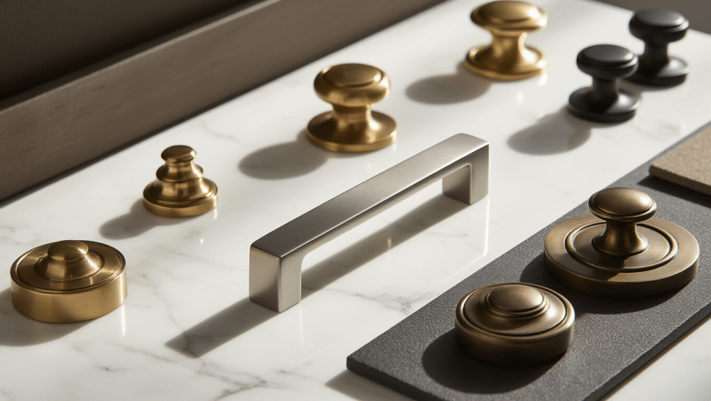 Door Handles: The Ultimate Guide to Choosing the Perfect Style and Function Cinematic close-up of an elegant door handle showcase on a marble surface, featuring brushed stainless steel, vintage brass, matte black, and bronze finishes, with dramatic lighting highlighting textures and craftsmanship.