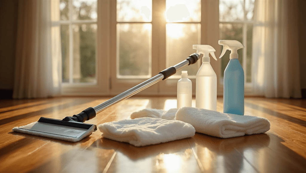 Cinematic close-up of professional window cleaning tools on polished hardwood floors, featuring a telescoping extension pole, microfiber cleaning pads, a rubber squeegee, and spray bottles in warm golden hour lighting.