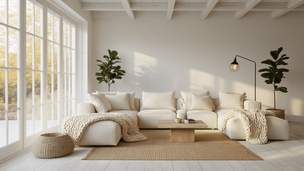 Cinematic wide-angle shot of a serene Scandinavian minimalist living room with a cream sectional sofa, live-edge oak coffee table, whitewashed pine floors, and large jute rug, bathed in golden hour light.