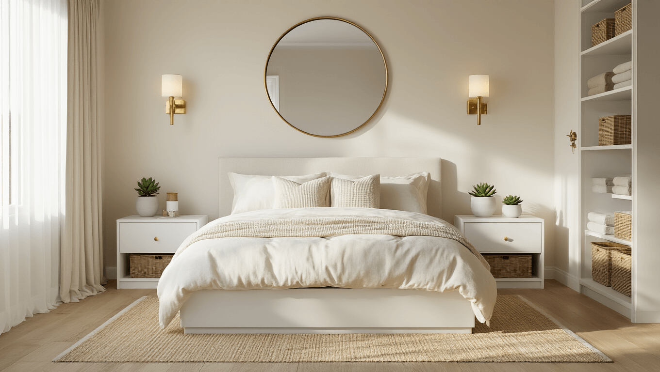 Photorealistic small bedroom interior featuring cream walls, a white platform bed with layered ivory linen bedding, warm brass wall sconces, and natural light reflecting off a large circular mirror, all styled in an inviting 10x12 foot space.