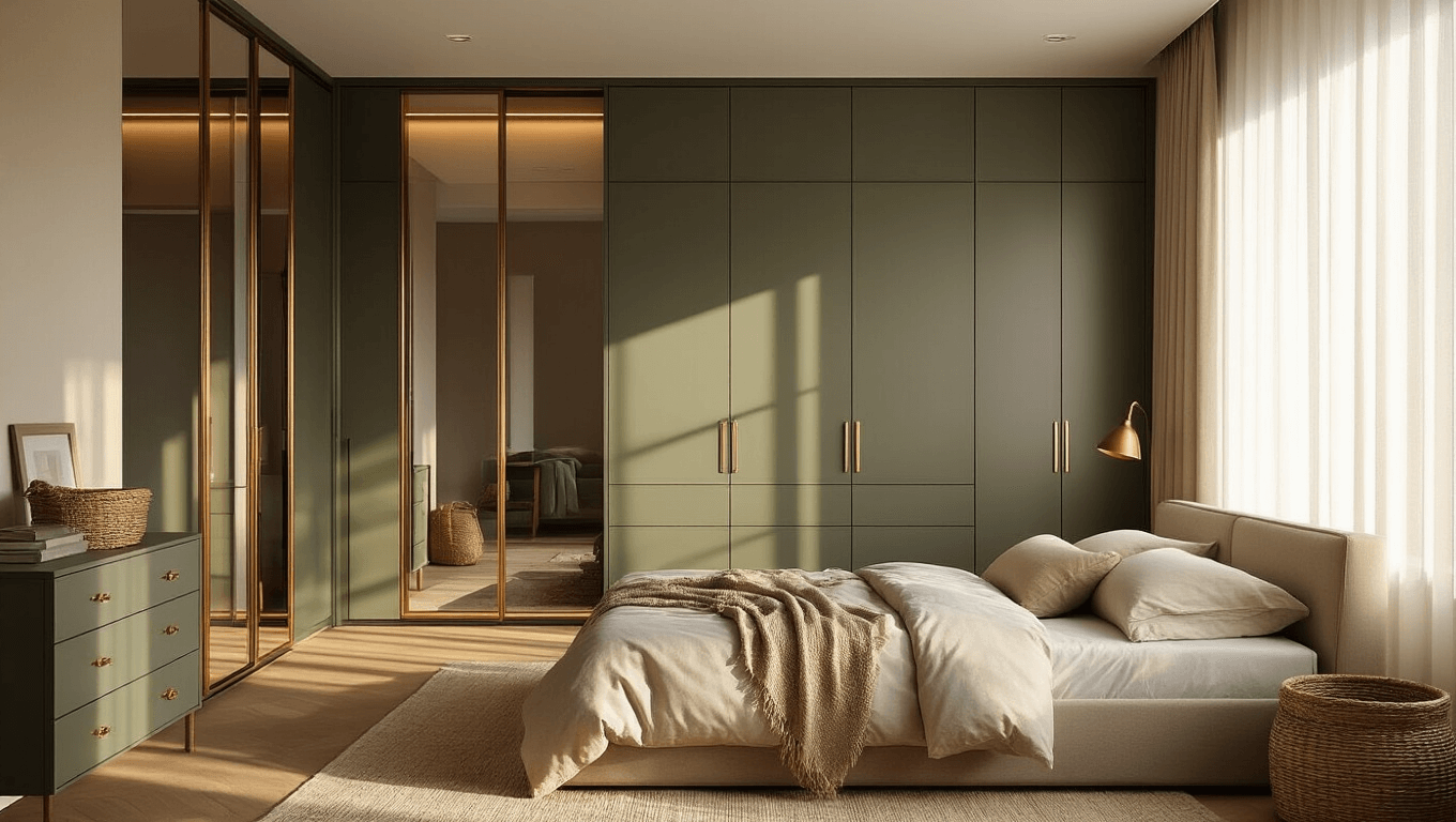 Sophisticated bedroom interior featuring mirrored sliding cupboard doors, sage green modular units, and charcoal gray cupboards, with warm natural lighting and rich textures.
