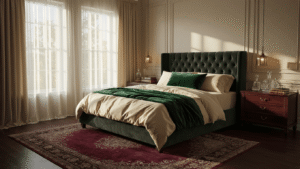 Luxurious sophisticated bedroom featuring a charcoal tufted velvet platform bed with cream silk sheets, emerald accents, and warm golden hour sunlight from sheer curtains, surrounded by rich textures like a burgundy Persian rug, mahogany nightstands, and a cognac leather wingback chair.