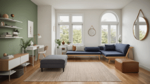 Cinematic wide-angle view of a perfectly organized studio apartment showcasing multifunctional furniture and strategic room division, featuring a charcoal grey sectional sofa, warm oak hardwood floors, sage green accent wall, and abundant natural light.