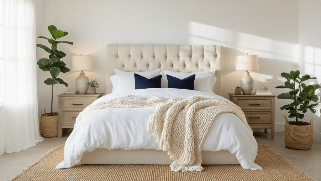 Creating the Perfect White Bedroom: A Comprehensive Design Guide Cinematic wide-angle shot of a serene white bedroom with textured linens, natural elements, and warm ambient lighting during golden hour, showcasing a plush tufted headboard, ivory bedding, and decorative accents.