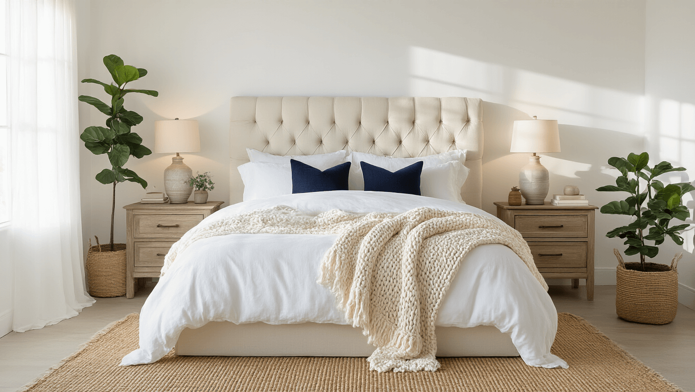Cinematic wide-angle shot of a serene white bedroom with textured linens, natural elements, and warm ambient lighting during golden hour, showcasing a plush tufted headboard, ivory bedding, and decorative accents.