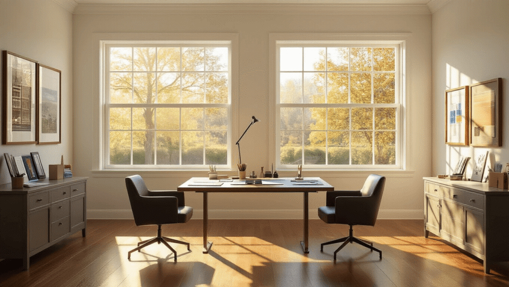 Cinematic interior of a stylish window consultation showroom displaying side-by-side single-hung and double-hung windows, warm golden hour lighting, polished hardwood floors, modern consultation table with measuring tools and window hardware samples, comfortable charcoal leather chairs, and architectural detail samples, creating an inviting atmosphere for home improvement.