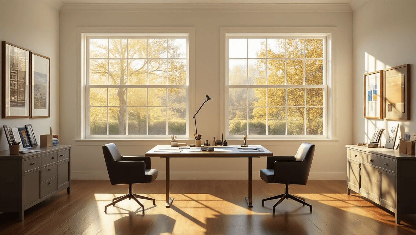Cinematic interior of a stylish window consultation showroom displaying side-by-side single-hung and double-hung windows, warm golden hour lighting, polished hardwood floors, modern consultation table with measuring tools and window hardware samples, comfortable charcoal leather chairs, and architectural detail samples, creating an inviting atmosphere for home improvement.