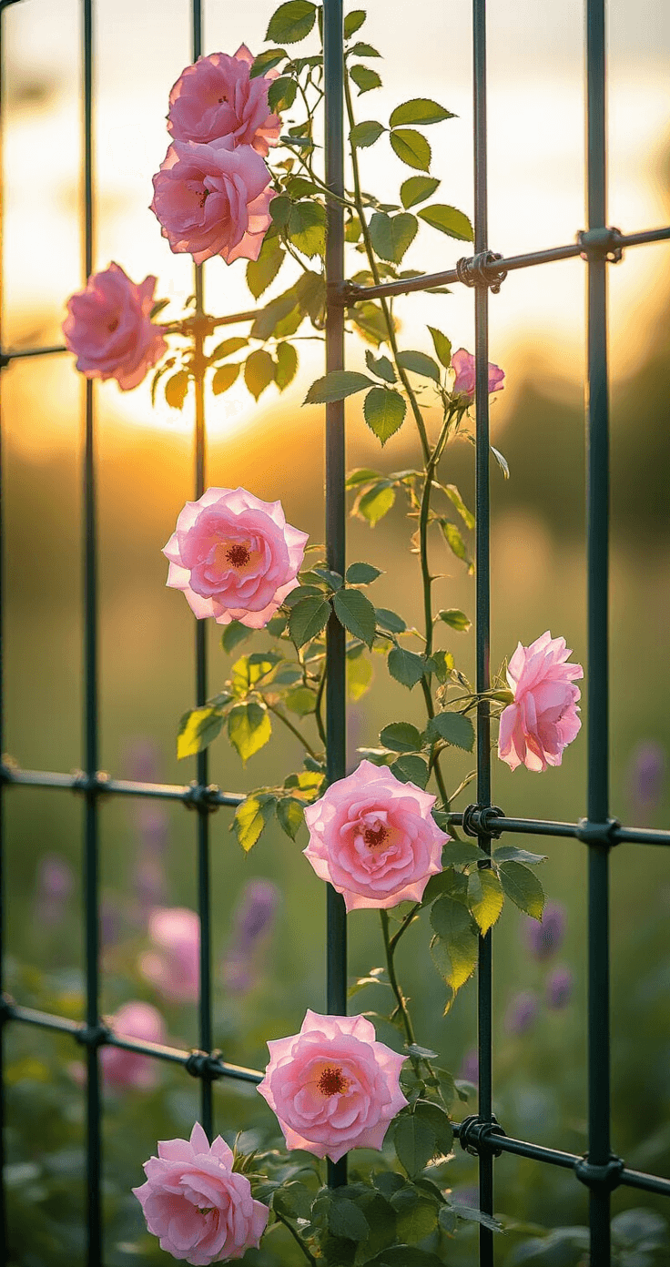 Golden sunlight illuminates a rustic dark green metal trellis adorned with cascading pink 'New Dawn' climbing roses, captured from a low angle with a shallow depth of field that emphasizes the rose details against a blurred background of lavender and garden grasses.