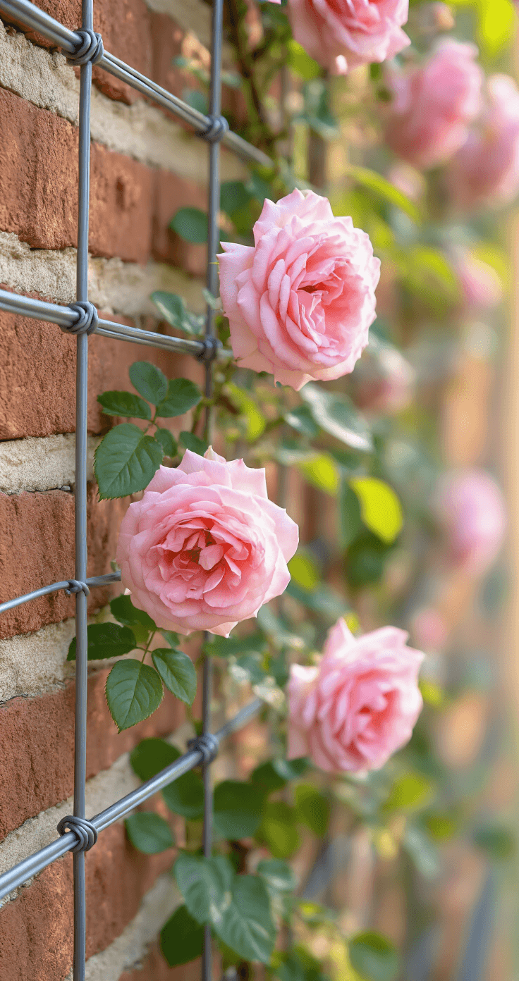 Close-up of a straining wire trellis system against a weathered brick wall, featuring galvanized wire and precise vine eye placements, with cerise pink 'Zephirine Drouhin' roses intertwining through the wires in warm natural light.