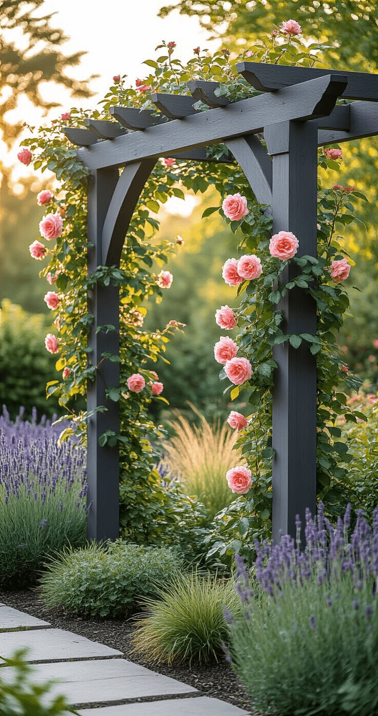 A charcoal gray cedar wood trellis supports a flourishing 'American Pillar' climbing rose in an expansive garden, with soft morning light illuminating the intricate foliage and nearby lavender and ornamental grasses.