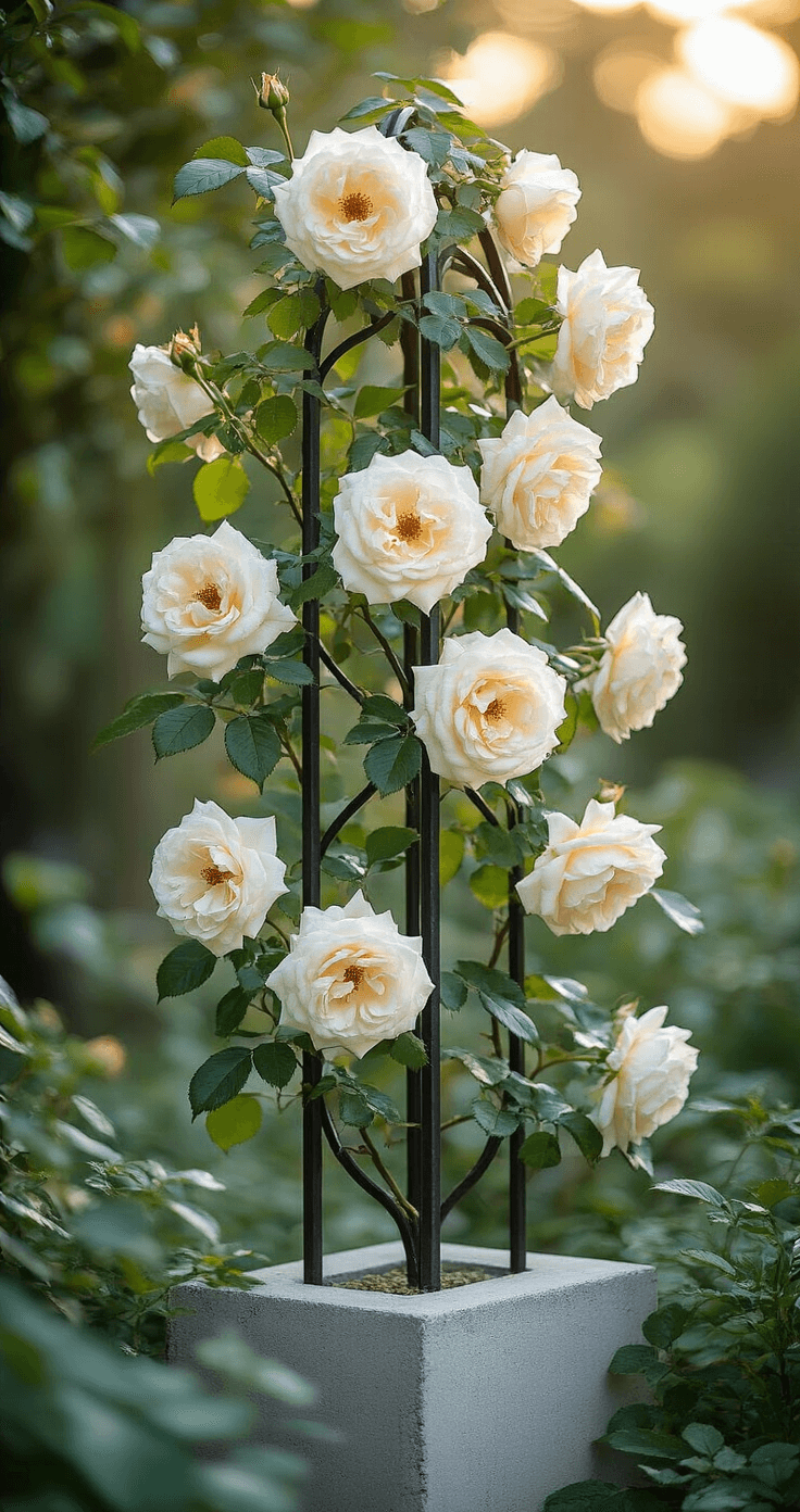 An intimate garden scene featuring a free-standing metal trellis adorned with 'Claire Austin' climbing roses, showcasing creamy white blooms intertwined with a dark green structure. Soft backlighting highlights the delicate petals, with a shallow depth of field emphasizing the rose details against the trellis backdrop.