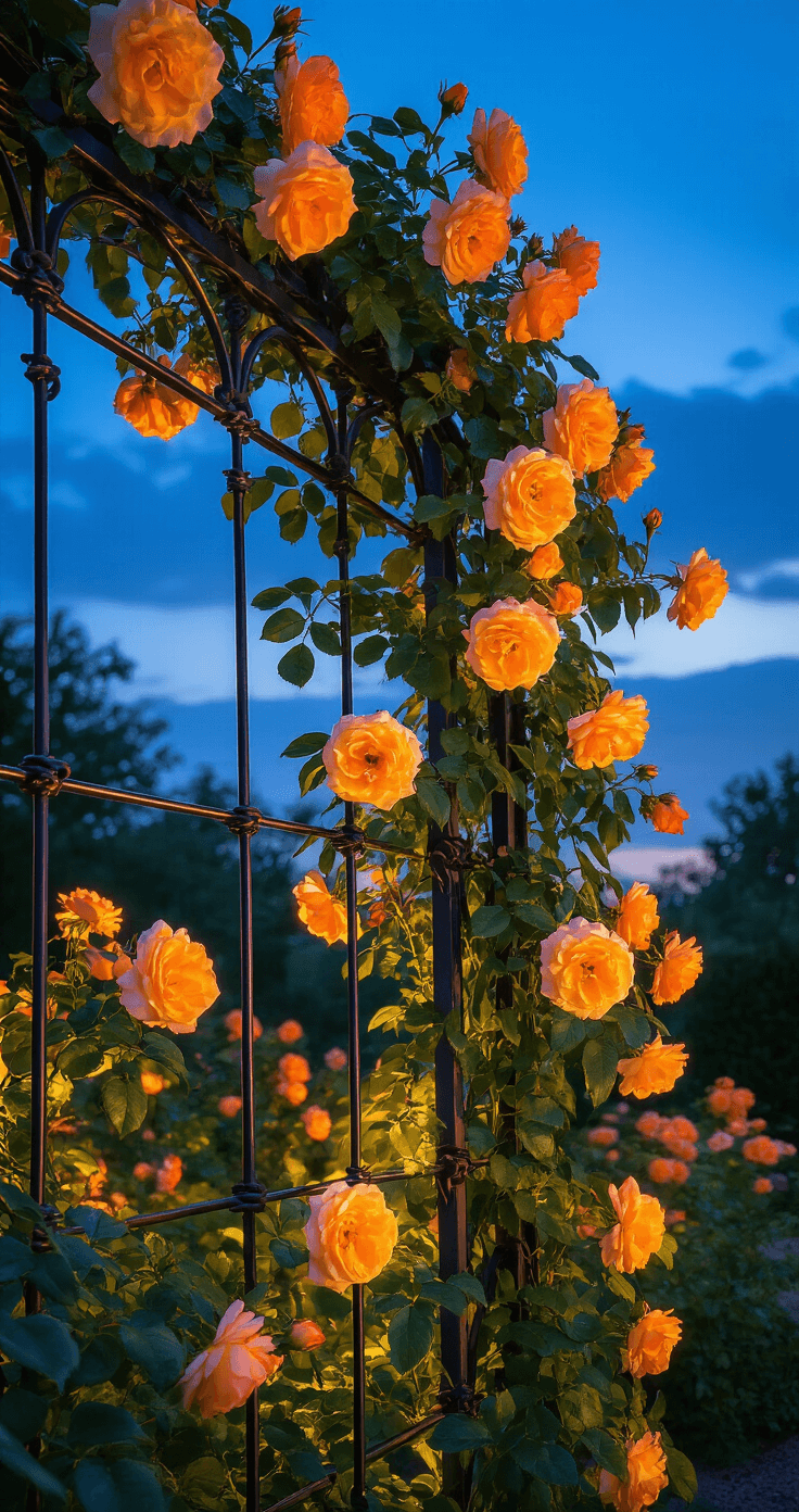 Dramatic twilight garden scene featuring a wrought iron trellis supporting 'Tropical Lightning' roses with vibrant yellow-orange blooms against a deep blue sky, enhanced by soft landscape lighting creating dramatic shadows and blurred garden elements.