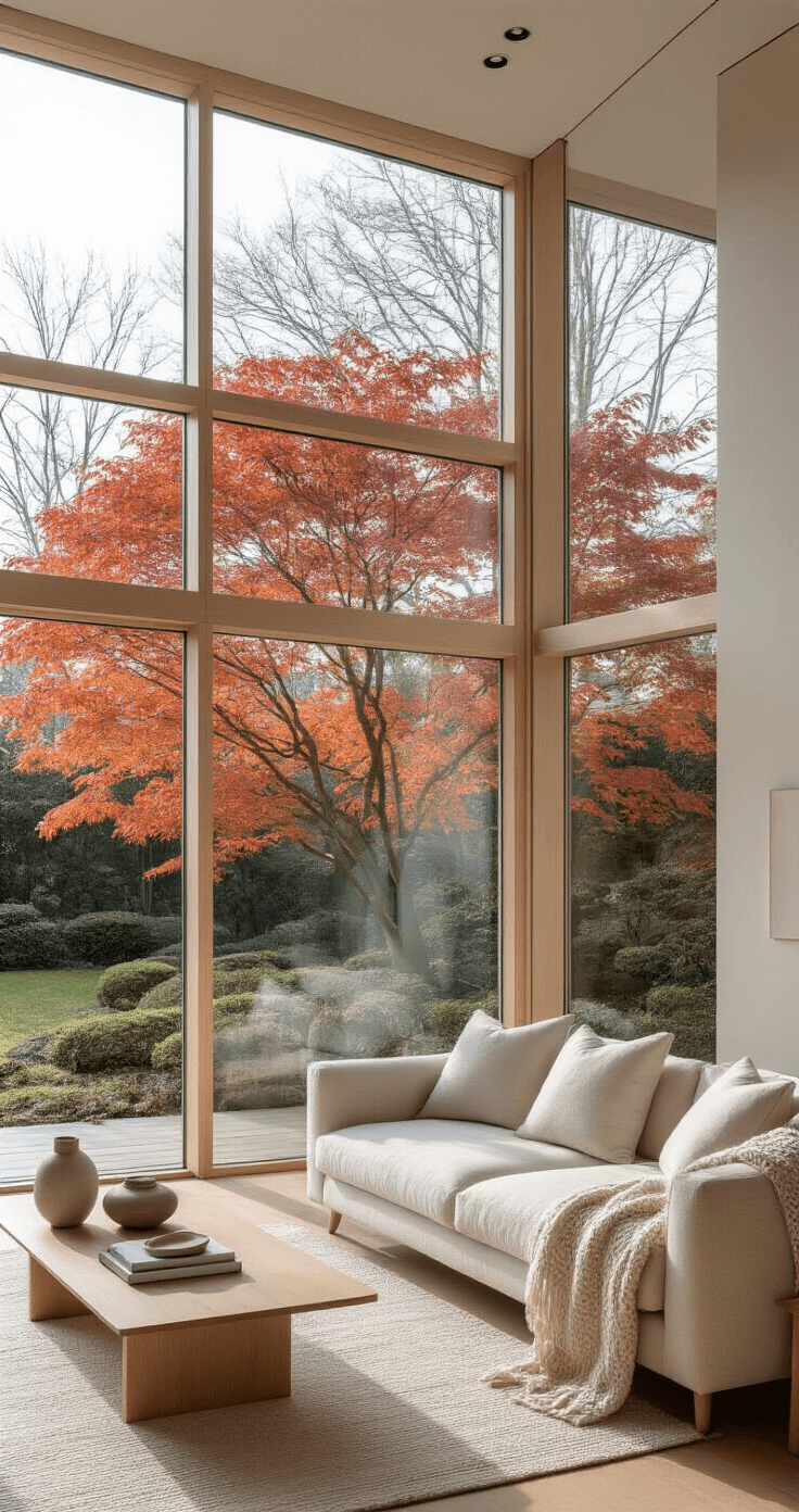 Wide-angle interior view of a modern living room featuring a cream linen sofa and minimalist Scandinavian furniture, with large windows showcasing a sculptural Japanese maple bush and a landscaped garden outside. Soft winter light casts long shadows on light oak floors, highlighting cool grey and warm wood tones, complemented by a knitted throw and ceramic vases.