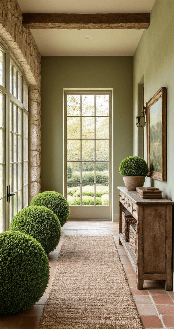 A rustic farmhouse entryway featuring symmetrically positioned boxwood spheres beside a stone walkway, illuminated by warm natural light that highlights textured stone walls. The space includes a vintage wooden console with antique brass accents against soft sage green walls and terracotta floor tiles, complemented by a woven jute runner. Large windows showcase curated foundation plantings, while diffused morning light creates soft shadows, capturing architectural details and an organic neutral color palette.