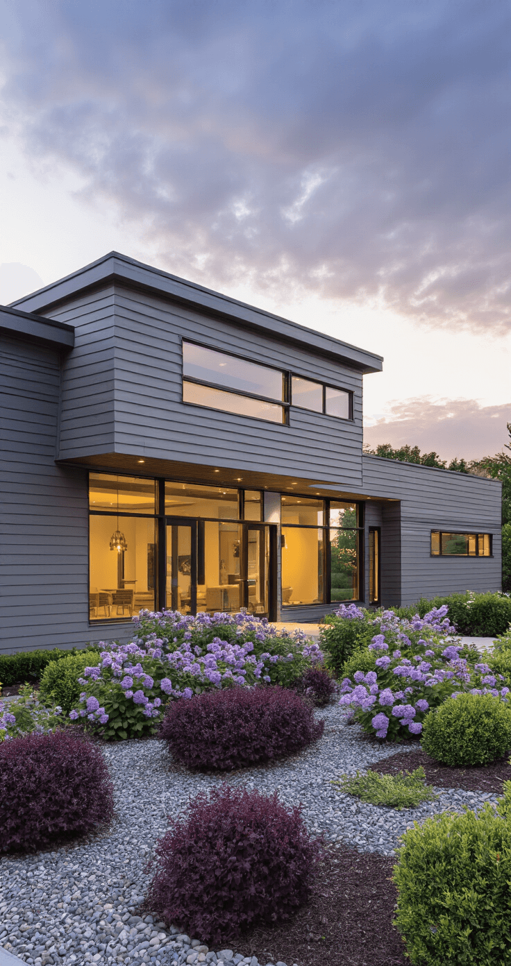 Contemporary ranch-style home with cool grey horizontal siding, expansive windows, and strategically placed butterfly bushes and barberry shrubs in late afternoon golden hour lighting, showcasing clean geometric landscaping with river rock borders from an overhead drone perspective.