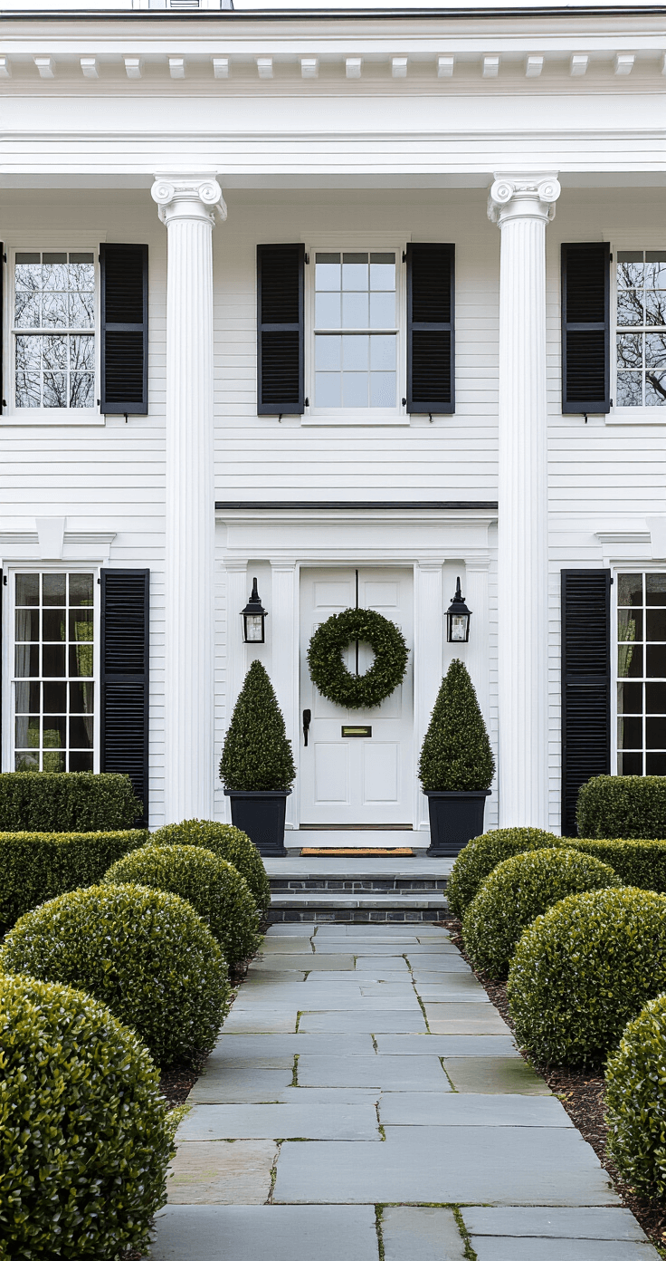 A traditional colonial home features a symmetrical front yard with inkberry holly plants flanking the entrance, classic white architecture with black shutters, neatly trimmed boxwood spheres, and a meticulously maintained bluestone walkway, all illuminated by soft winter light that highlights deep green and glossy leaves.