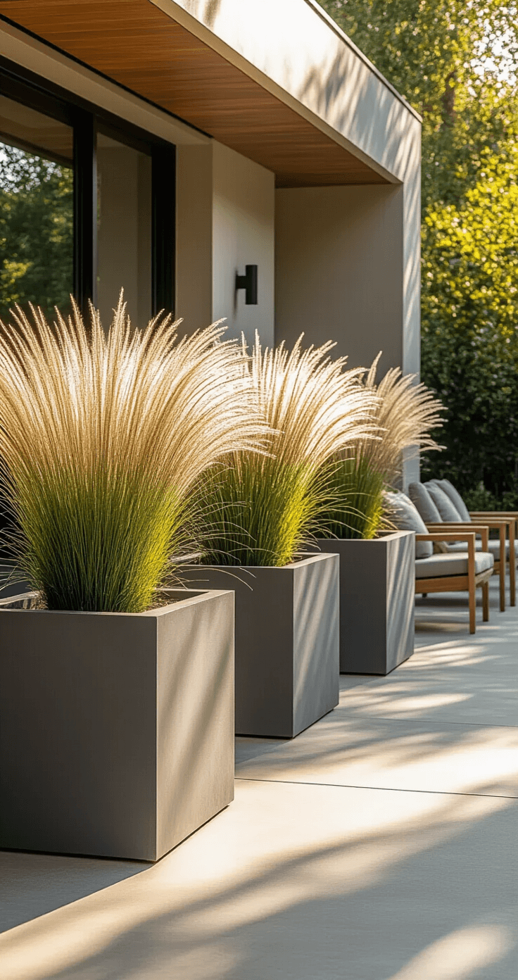 A sunlit contemporary patio featuring sleek charcoal gray fiberglass planters with ornamental grasses, modern metal-framed chairs, and expansive concrete flooring, illuminated by soft Mediterranean light.