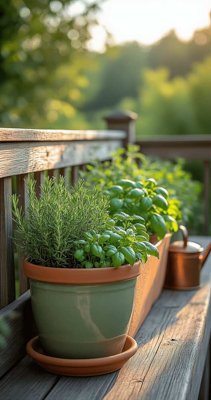A herb garden trough planter on a rustic wooden deck railing, featuring terracotta and sage green pots with rosemary, thyme, and basil, bathed in soft morning light with delicate shadows. A vintage copper watering can and gardening tools are nearby, set against a blurred garden landscape.