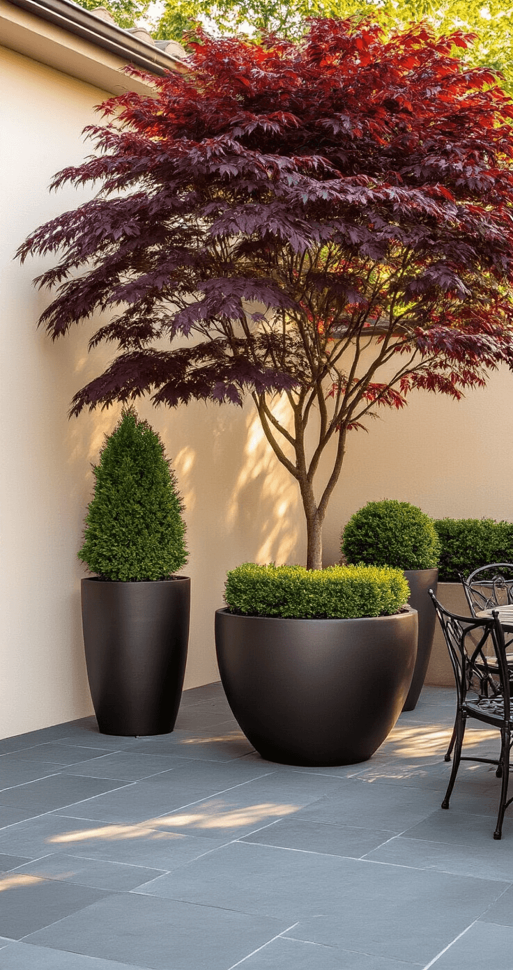 An elegant corner patio with a large fiberglass planter containing a mature Japanese maple tree with deep burgundy leaves, against a cream stucco wall. Symmetrical tall cylindrical planters with evergreen shrubs flank the area, while warm golden hour light casts long shadows on the slate gray stone tiles. Weathered wrought iron bistro chairs are nearby, with low angle photography emphasizing planter lines and the tree's silhouette.