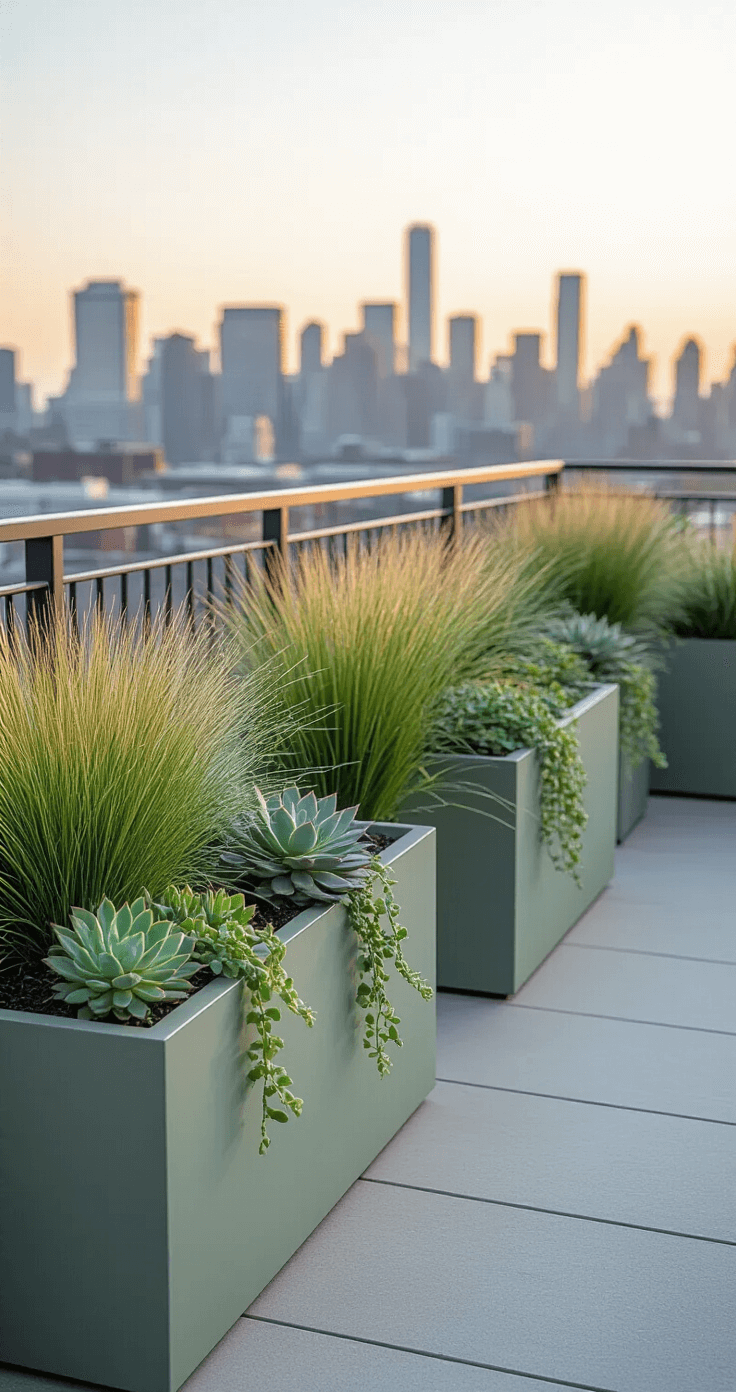 A modern urban balcony featuring rectangular resin planters in sage and stone colors, filled with ornamental grasses and trailing succulents. A sleek metal railing overlooks a soft-focused city skyline, all illuminated by soft evening light that casts gentle shadows. The overhead perspective highlights the arrangement and textures of the plants, showcasing a clean, minimalist garden design.