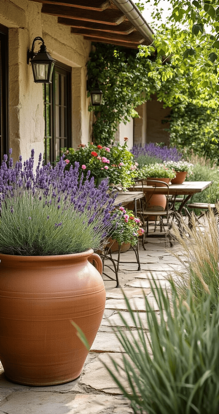 A rustic farmhouse patio featuring oversized terracotta planters filled with lavender, geraniums, and ornamental grasses, alongside a wooden farmhouse table and vintage metal chairs, all illuminated by soft natural light, showcasing a warm and inviting atmosphere.