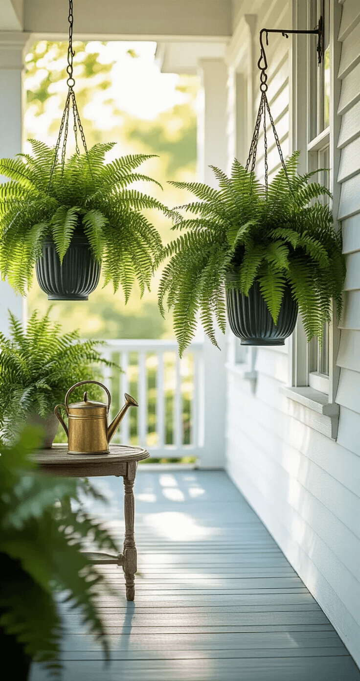 A sunlit porch adorned with two lush Boston ferns in charcoal ceramic planters, casting intricate shadows on a vintage slate blue wooden floor. A brass watering can rests on an antique side table, with soft light illuminating the rich emerald greens of the ferns against weathered white clapboard siding.