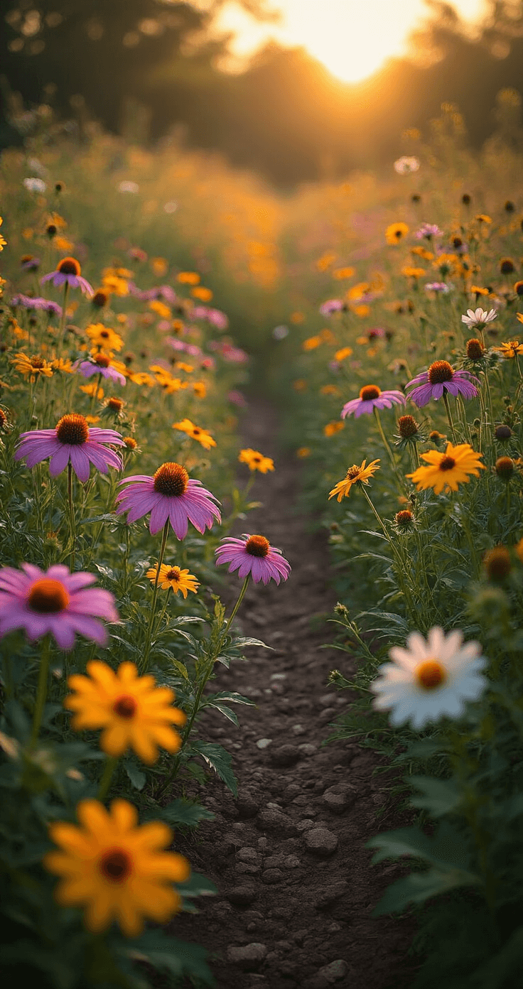 A vibrant wildflower garden at golden hour, featuring a mix of purple coneflowers, yellow coreopsis, and cosmos, with soft sunlight filtering through and long shadows across the terrain. The image captures rich soil textures and varied plant heights in warm amber and sage green tones, viewed from an elevated perspective with subtle hints of pollinators among the flowers.