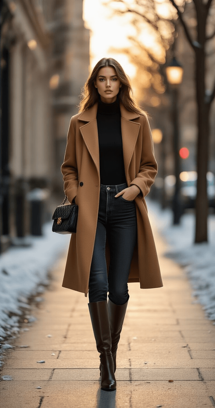 A slender model in a camel-colored wool coat and black turtleneck walks confidently down an urban street at golden hour, with soft light filtering through trees, casting shadows on the sidewalk, showcasing stylish knee-high boots and a crossbody bag against a blurred backdrop of elegant architecture.
