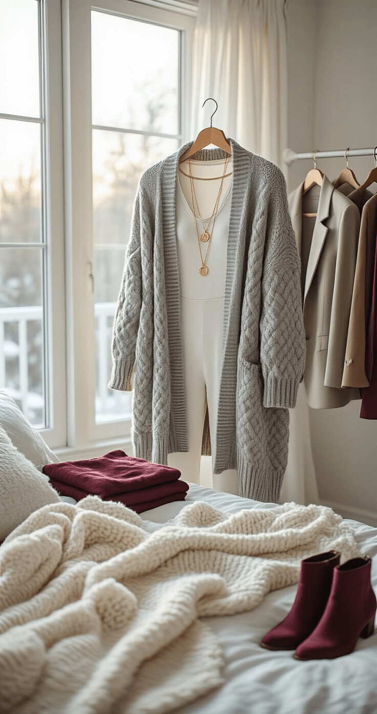A minimalist bedroom bathed in soft morning light, featuring a stylish winter outfit laid out: an oversized grey cable-knit cardigan over a white bodysuit, neatly folded faux leather pants, burgundy suede ankle boots, delicate gold layered necklaces, and a structured blazer on a clothing rack, complemented by a soft throw blanket and muted winter accessories.