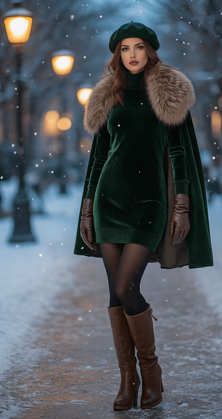A model in a forest green velvet sweater dress, thick black tights, and chocolate brown knee-high suede boots poses in a sophisticated urban setting at dusk, surrounded by softly lit streetlamps and falling snow, while draped in a dramatic coat with an exaggerated fur collar, statement leather gloves, and a chic beret, capturing the elegant drama of winter fashion.