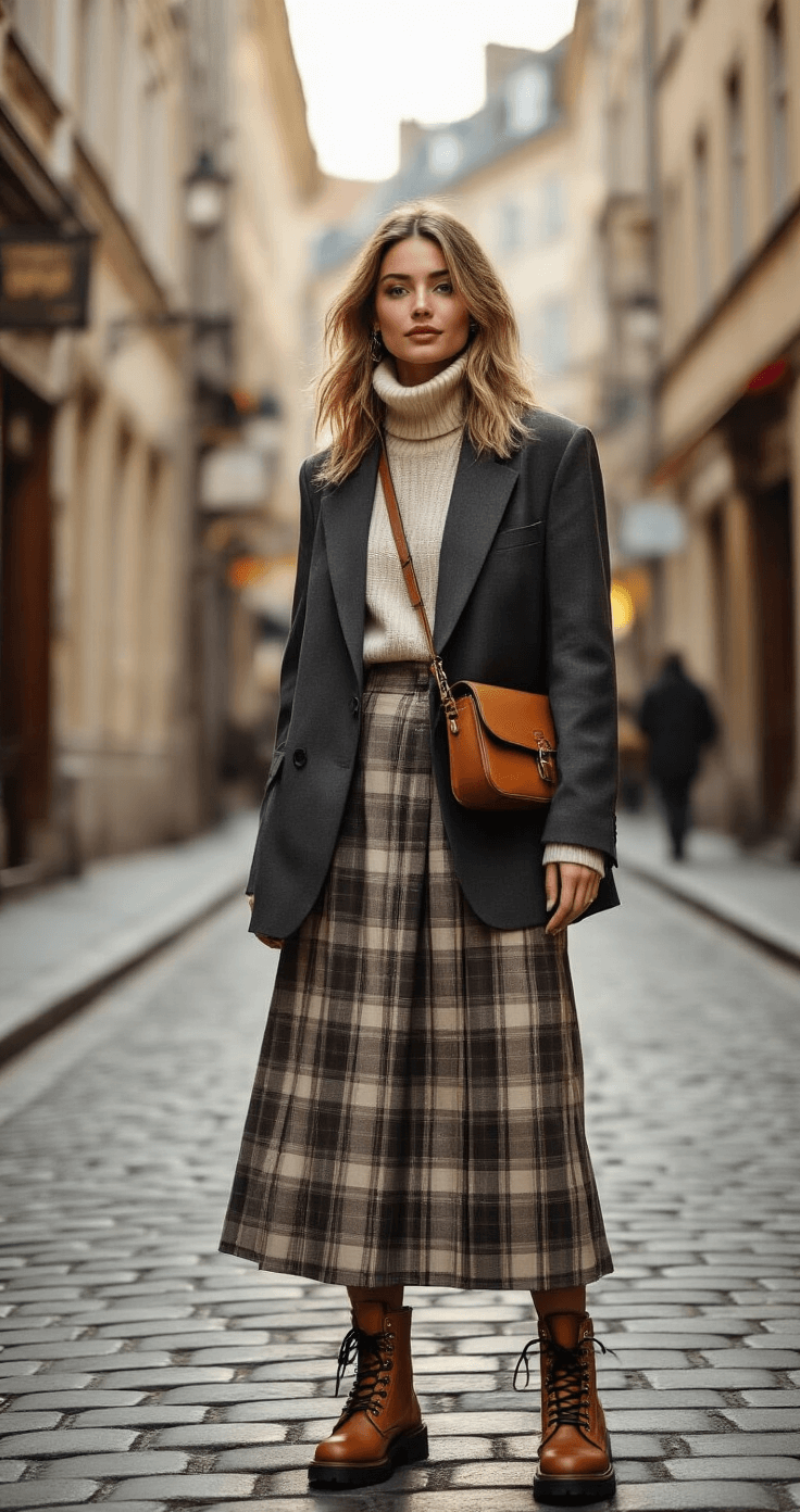 A petite woman confidently walks down a charming European-style street in a plaid midi skirt, chunky cream turtleneck, and an oversized blazer, complemented by a leather crossbody bag and waterproof combat boots, as warm winter light casts soft shadows on the cobblestone pathway.