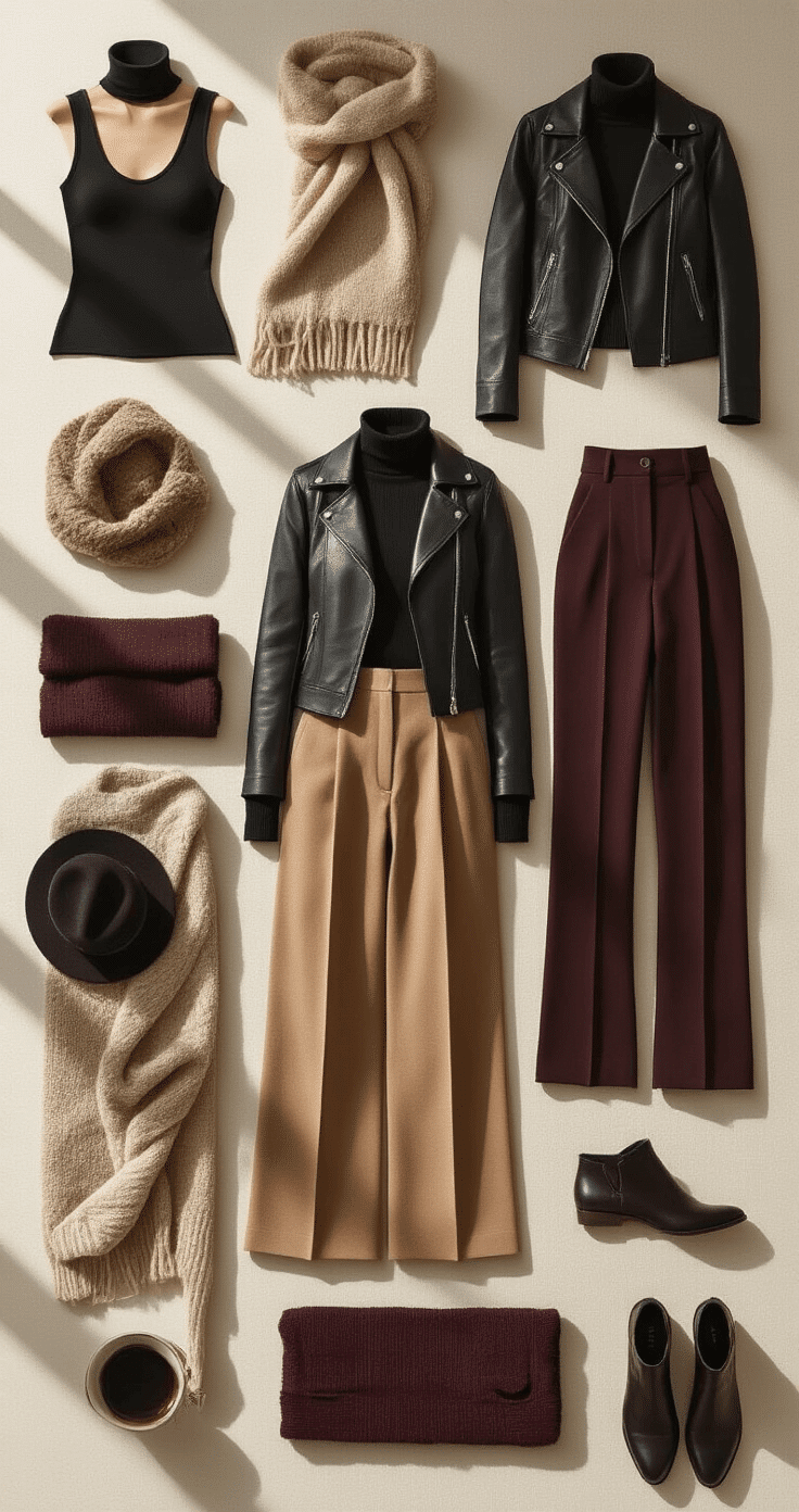 Intimate wardrobe styling scene in a sun-drenched studio apartment, featuring layered winter outfits with a bodysuit, fitted turtleneck, wide-leg wool trousers, faux leather jacket, and various accessories, all arranged in a neutral color palette of blacks, camels, and deep burgundies. Soft natural light enhances the textures of wool, leather, and knits, creating a sophisticated and personal atmosphere.