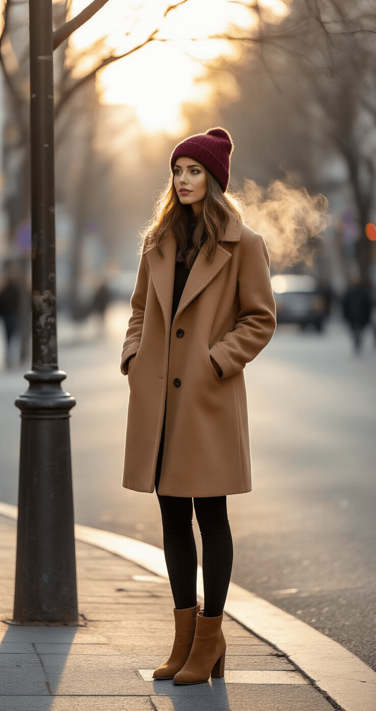A fashionable woman in a camel wool coat and black leggings stands at an urban street corner during golden hour, with sunlight filtering through bare trees. She wears suede ankle boots and a burgundy wool beanie, exhaling misty breath. The photo features a shallow depth of field, highlighting her winter outfit against a blurred cityscape.