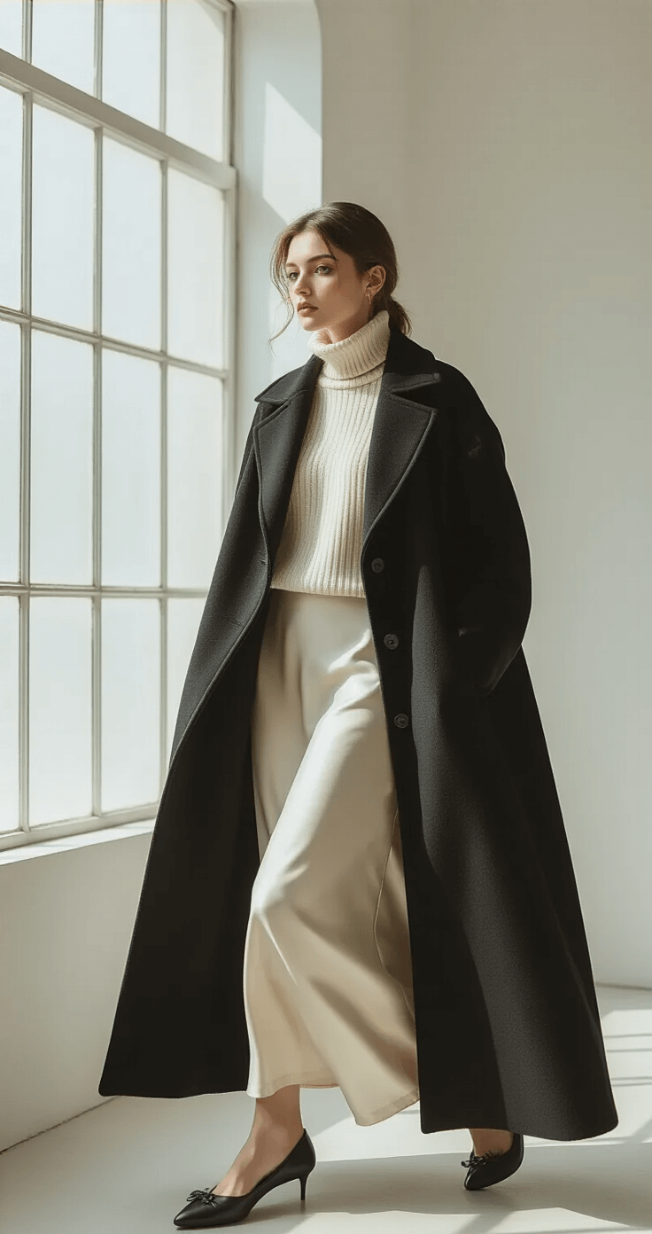 A model poses in a cream turtleneck tucked into a satin midi skirt, complemented by ballet flats and a structured wool coat, in a minimalist white studio bathed in soft natural light, highlighting monochromatic winter elegance with subtle textures and refined accessories.