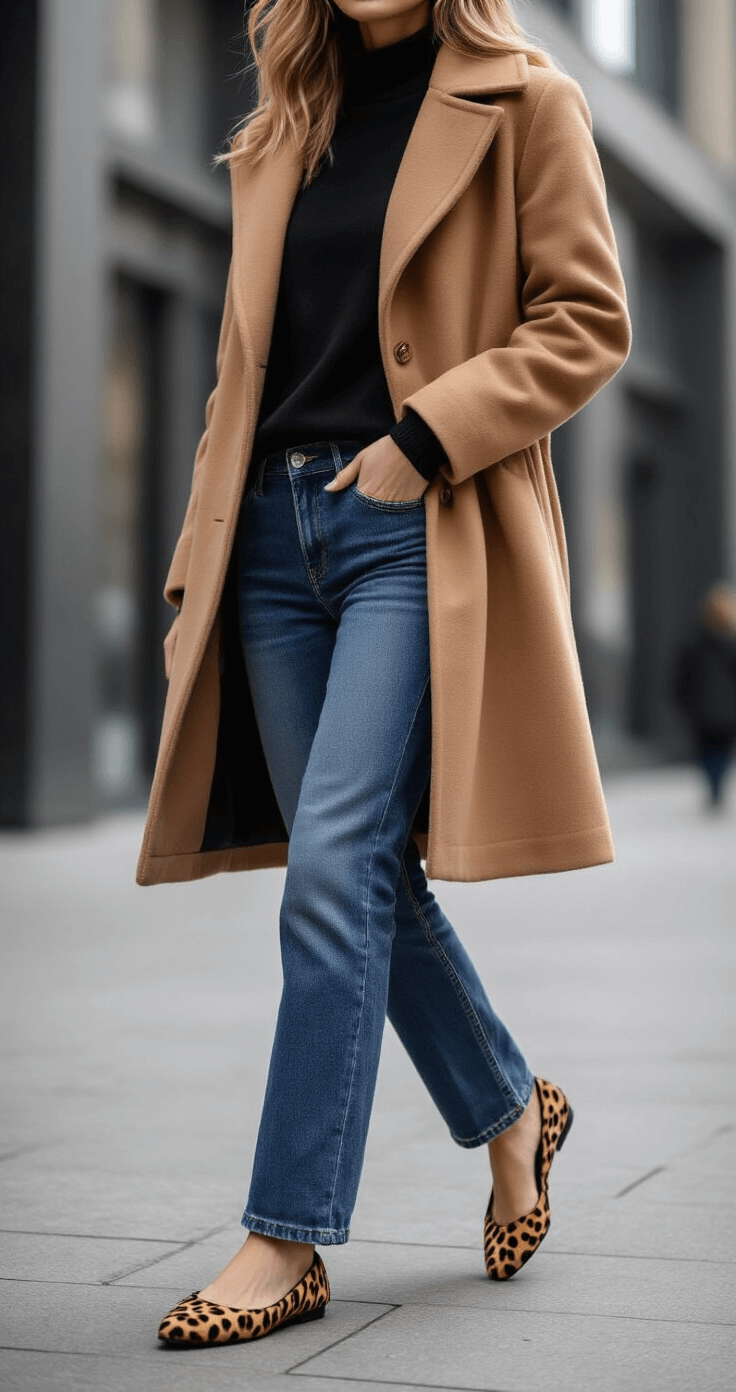 A woman in a black crewneck sweater, camel coat, and straight-leg jeans, wearing leopard print ballet flats, walks confidently in an urban setting with modern architecture, showcasing mixed prints and winter light highlighting fabric textures.
