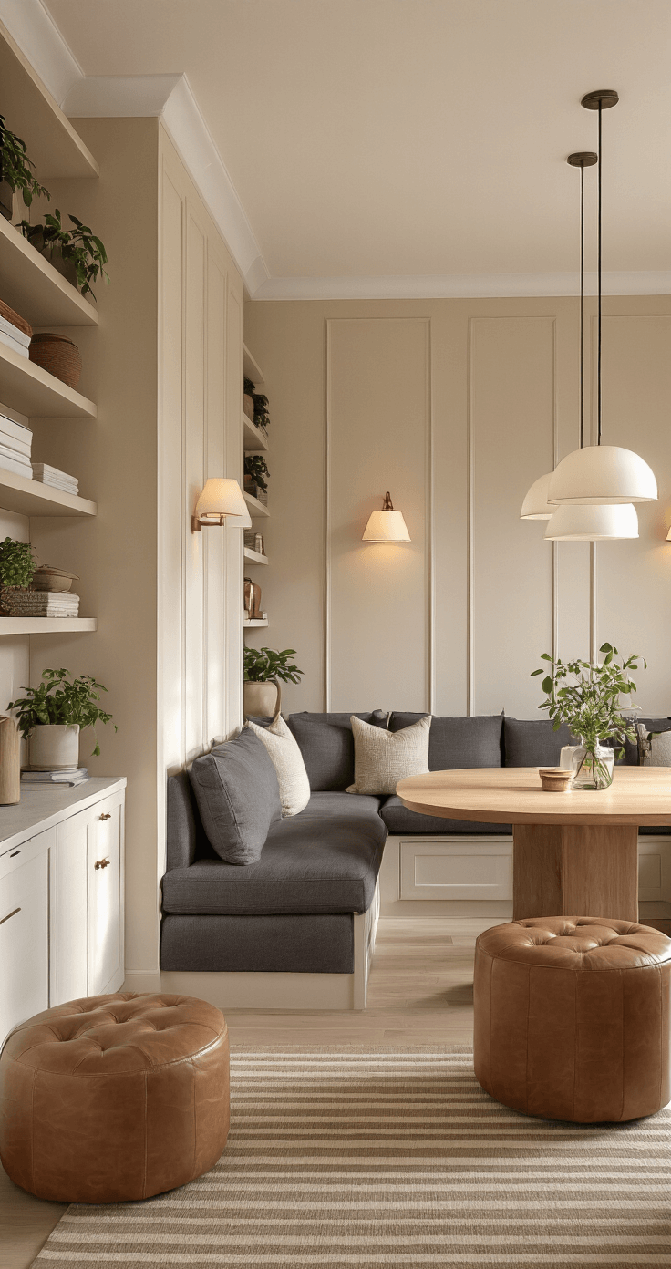 A spacious, vertical storage-focused interior featuring warm beige walls with white wainscoting, floor-to-ceiling floating shelves, a compact charcoal linen sectional, a light oak oval dining table, cognac leather storage ottomans, and a striped runner rug. Pendant lighting hangs over the dining area, complemented by table lamps on the console and plants adding green texture, all captured in warm, natural late afternoon light.