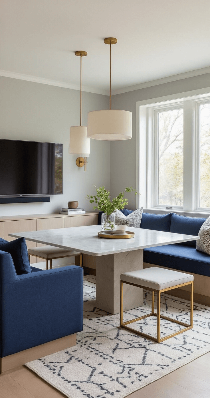A narrow living dining room featuring multipurpose furniture, including a sleek dining table with hidden storage, modular navy seating, and brass and marble nesting coffee tables, all illuminated by soft morning light. The pale gray walls and clean contemporary design are enhanced by ambient lighting, with a wall-mounted TV and floating media console, pendant lights with fabric shades, a geometric area rug, and built-in bench seating with cushions, showcasing functionality and flow from the entrance perspective.
