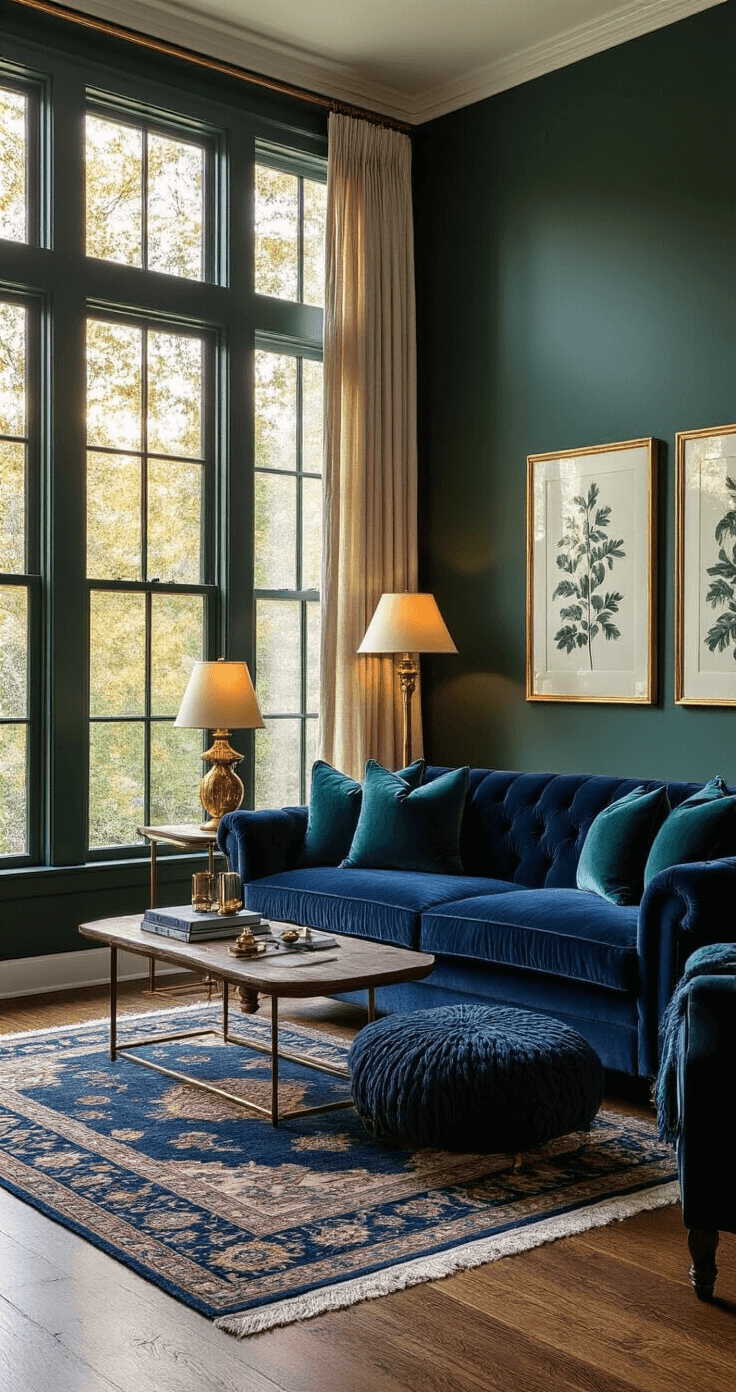 Photorealistic living room with forest green walls and navy blue accents, featuring a plush navy velvet sofa with teal throw pillows, rich hardwood floors, a Persian rug, brass table lamps, and golden hour lighting through large windows, complemented by linen curtains and wool throws with botanical prints in gold frames on the walls.