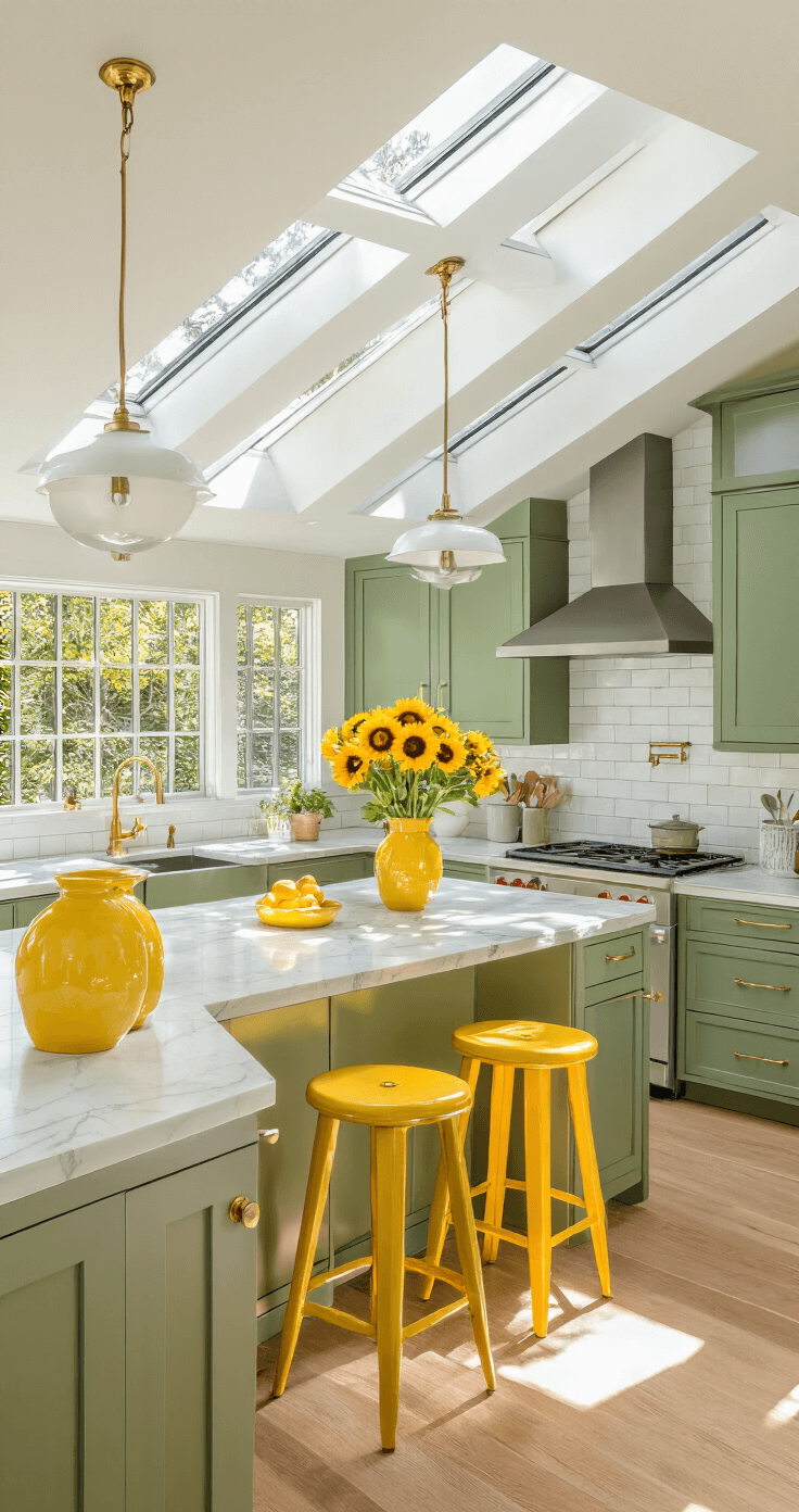 Bright contemporary kitchen featuring sage green cabinetry and warm mustard yellow bar stools, illuminated by morning sunlight streaming through skylights. The space includes white marble countertops, yellow ceramic vases with fresh sunflowers, gleaming brass hardware, and a white subway tile backsplash, captured from the dining area to emphasize depth and a joyful, energetic atmosphere.