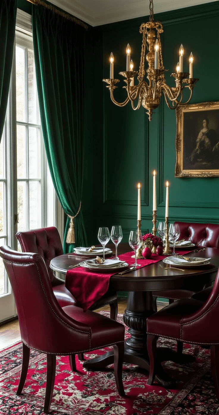 Elegant dining room featuring deep emerald green walls, burgundy leather dining chairs, and warm candlelight from a brass chandelier, with a dark walnut table adorned with a red silk table runner, rich forest green velvet curtains, and a Persian rug with red accents, creating a luxurious and intimate dinner party atmosphere.