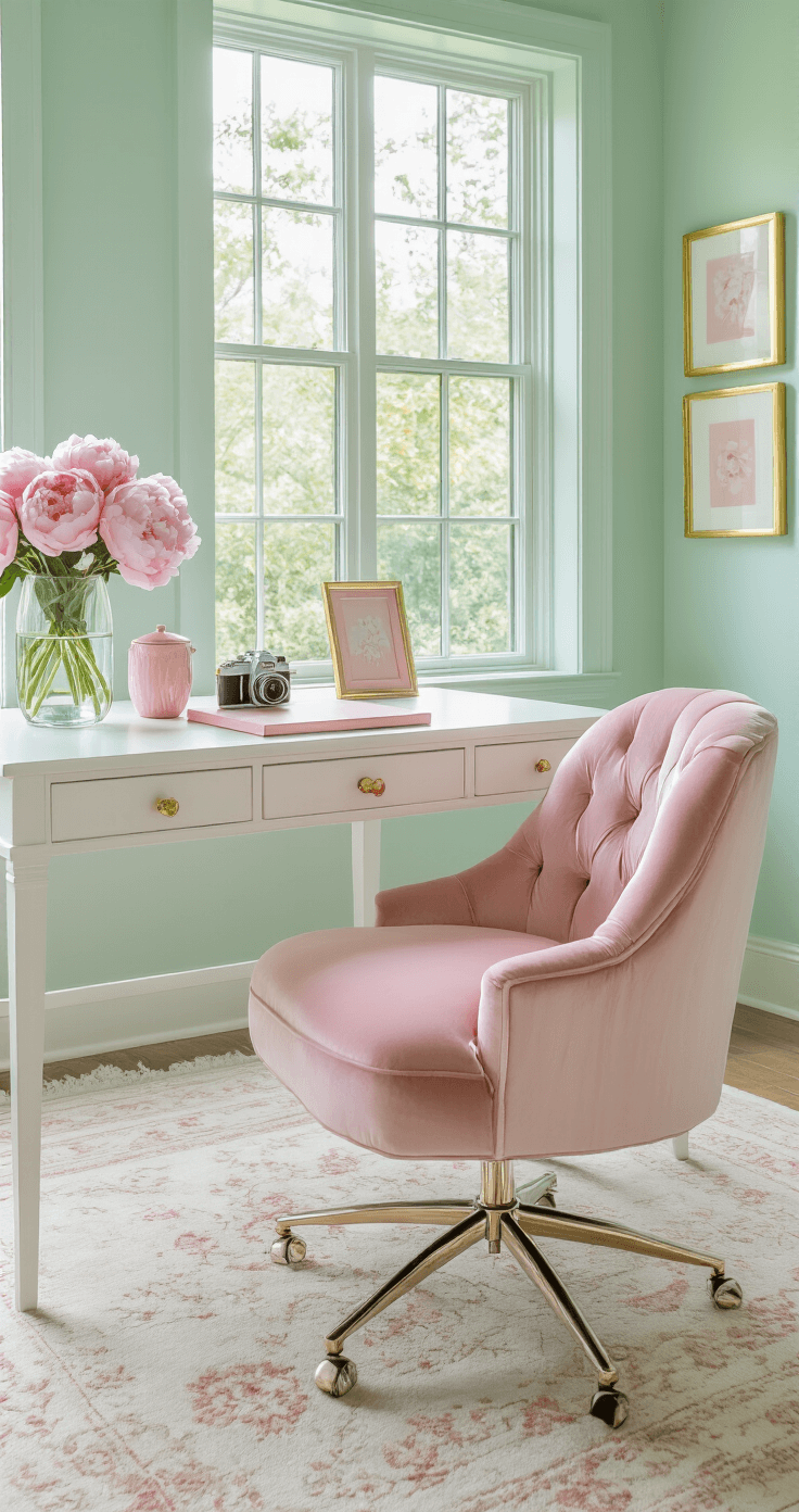 Chic home office with mint green walls, blush pink velvet accent chair, white desk adorned with pink ceramic accessories and gold picture frames, pale pink peonies in a crystal vase, and a cream area rug, all bathed in soft morning light from a large window.