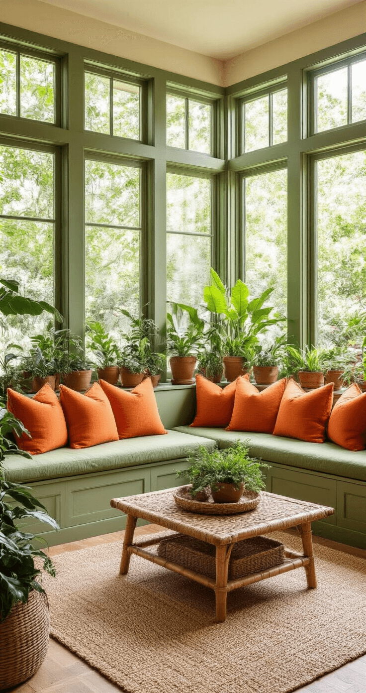 A vibrant sunroom featuring sage green built-in seating adorned with bright orange throw pillows, filled with natural light from floor-to-ceiling windows, lush plants in terracotta planters, a natural jute rug, a bamboo coffee table, and woven basket storage, evoking an energetic tropical mood with organic textures and warm earth tones.