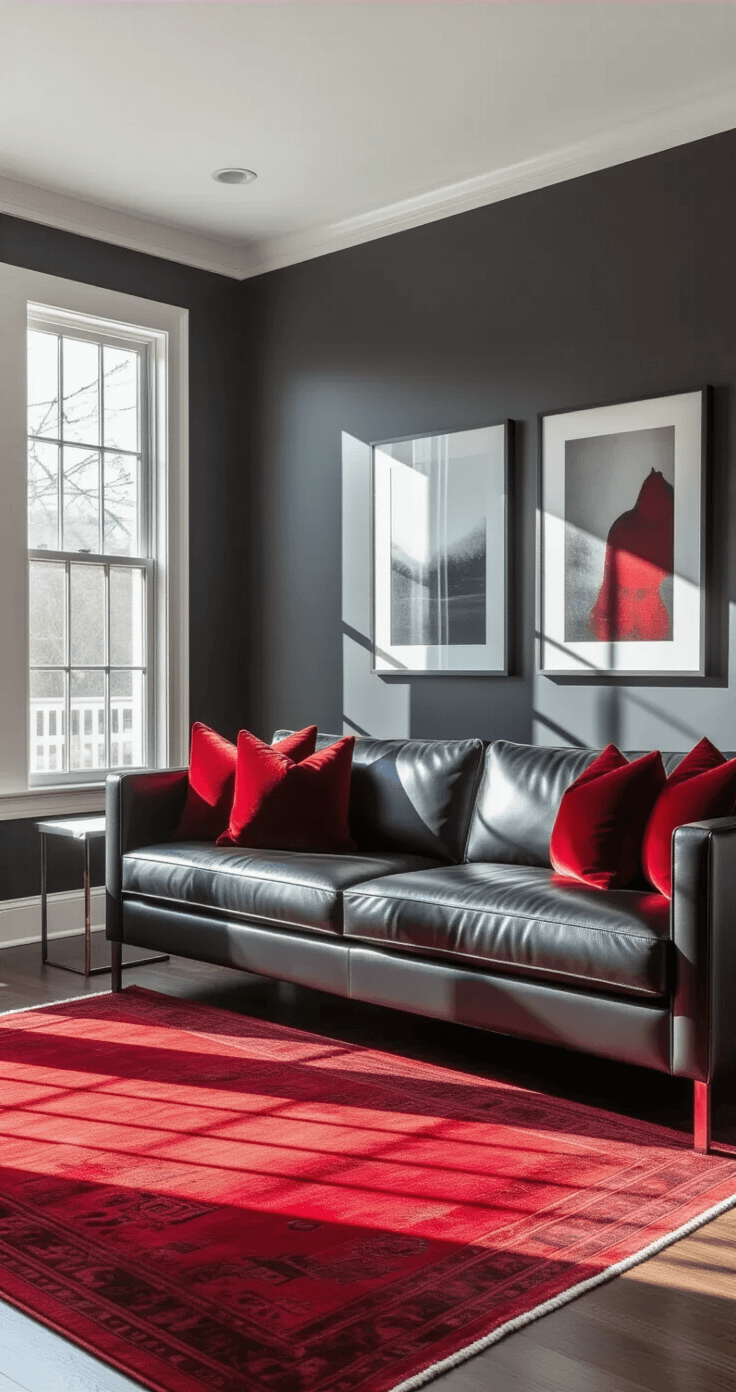 Sophisticated living room with charcoal grey walls and white trim, featuring a modern leather sofa adorned with deep red throw pillows, a crimson area rug, and brushed nickel side tables, illuminated by soft afternoon sunlight.
